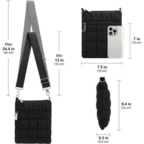 Black quilted crossbody bag lightweight puffer purse small shoulder bag for wome - Picture 5 of 8